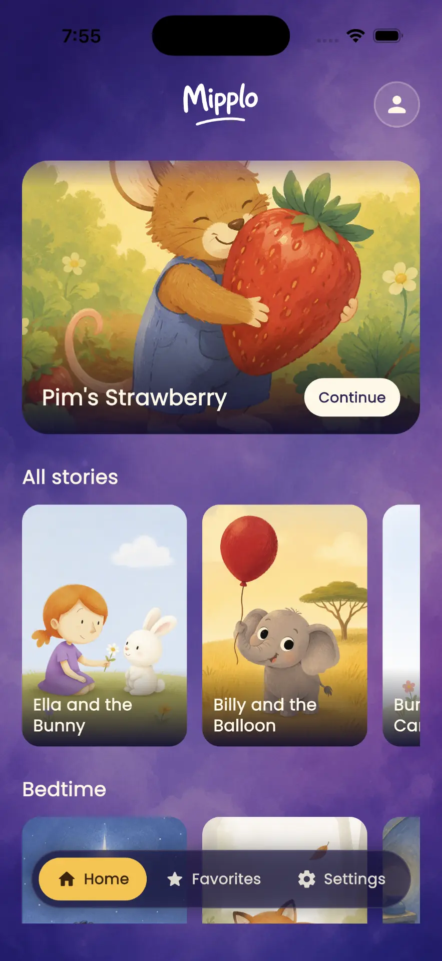 The Mipplo app showing a bedtime story library on a phone