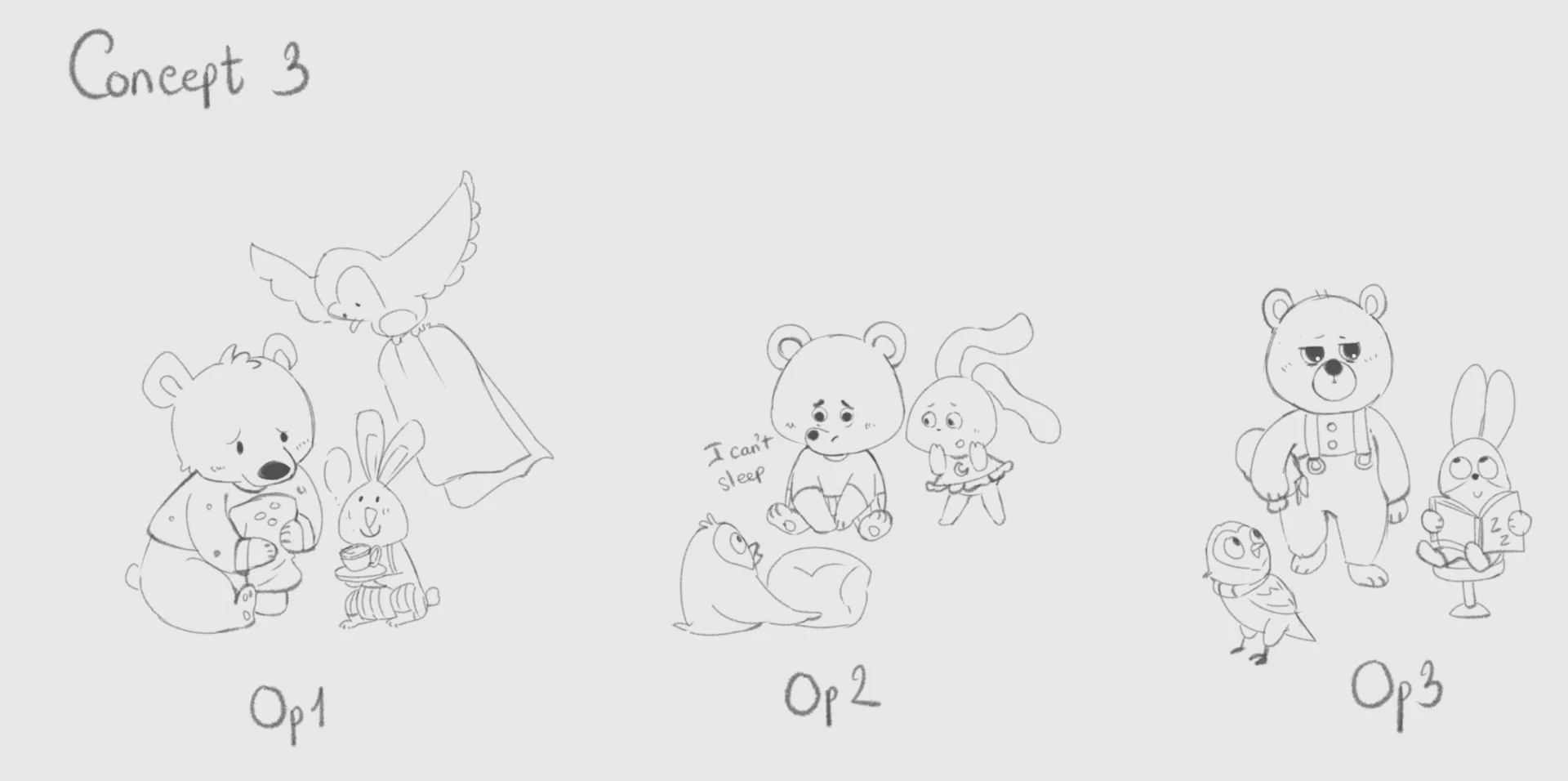 Hand-drawn concept sketches of the Mipplo characters exploring story moments